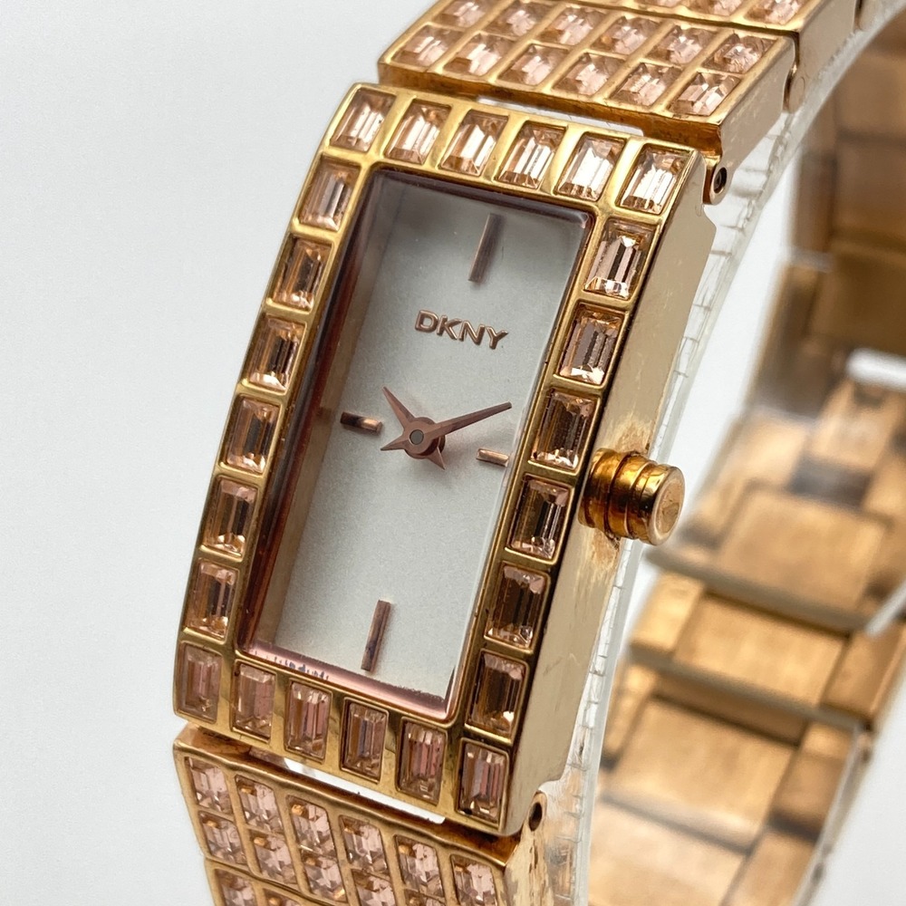 DKNY Women's Tank Watch 18mm Rose Gold Tone Champaign Crystals New Battery 7.25"